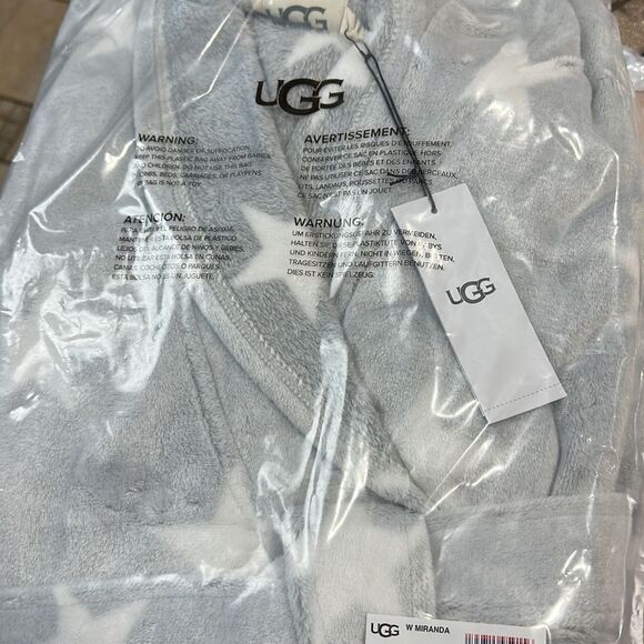 Ugg Grey/White Stars Cozy Fleece Miranda Cozy Fleece Hoodie Belted Wrap Robe NWT - Picture 15 of 17